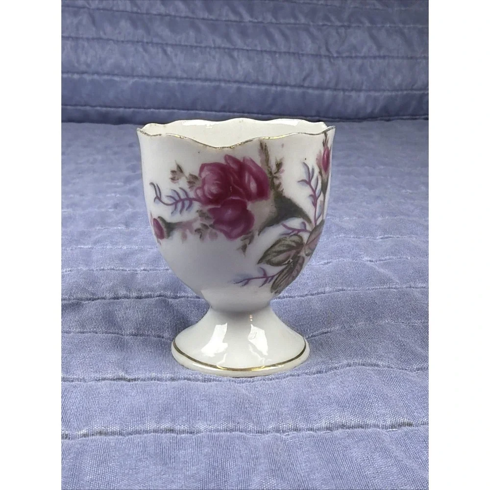 Vintage Pink Moss Rose Porcelain Egg Cup W/ Gold Trim Japan